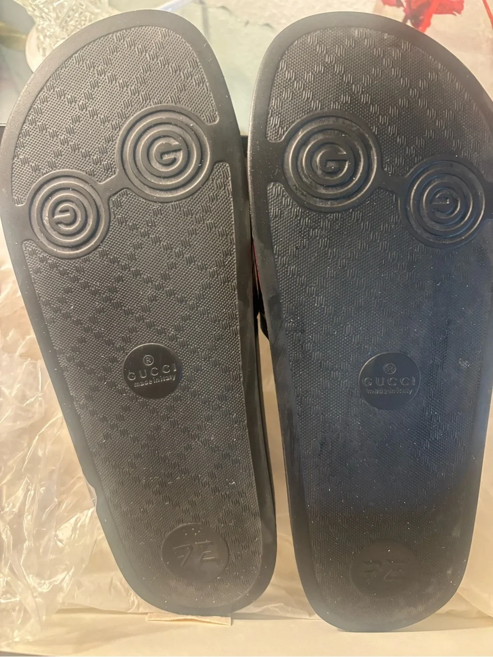 Gucci Black Slide Sandals with Red-White-Blue Stripes